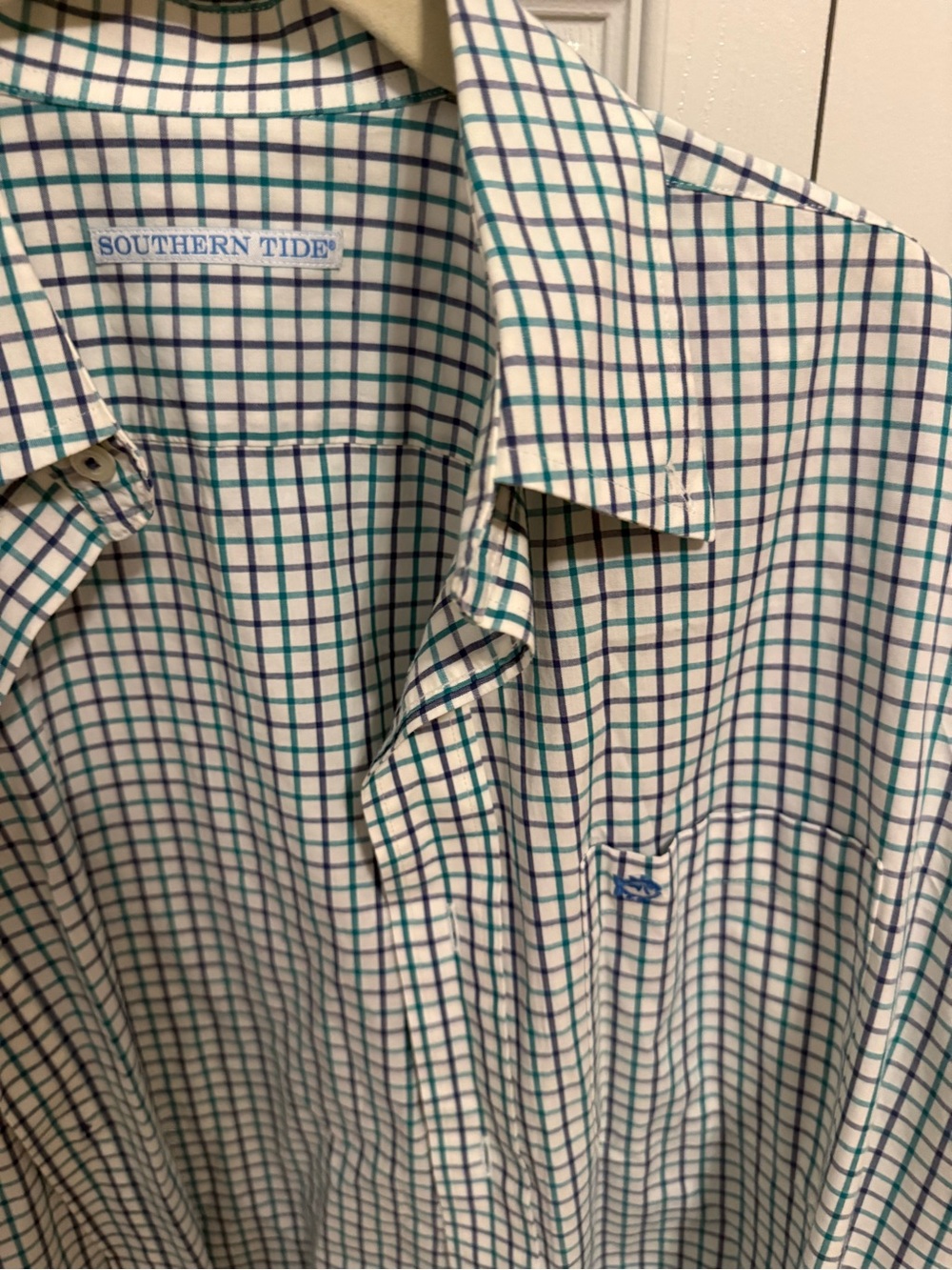 Southern Tide White Button-Down Shirt with Blue and Green Windowpane